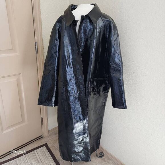 NWT nasty gal Premium Faux Leather Vinyl Mac trench Coat black 14 - Picture 2 of 8